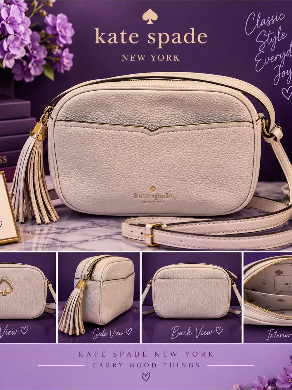 Kate Spade New York Ivory Pebbled Leather Camera Crossbody Bag Tassel Gold Spade